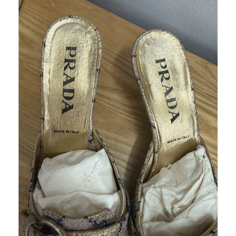 Vintage PRADA SS 2002 Gold Brocade Toe Buckle Mule Kitten Heels Size EU37 US 7 - Picture 3 of 6